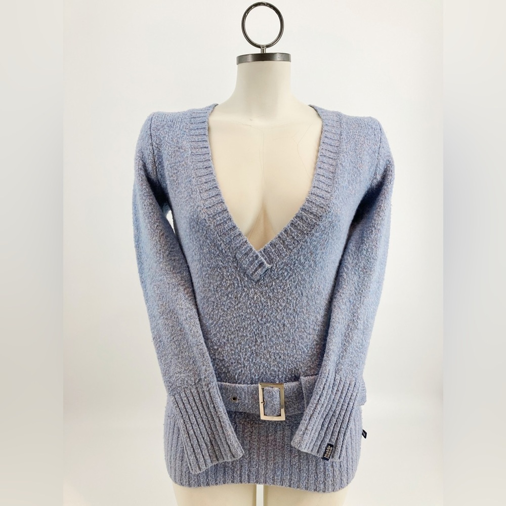 Vintage Y2K Mudd Jeans Deep V-Neck Belted Sweater Blue with Metallic Thread READ